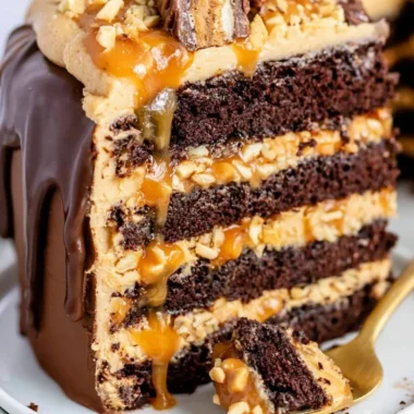 Delicious Chocolate Snickers Cake with layers of chocolate, caramel, and peanuts