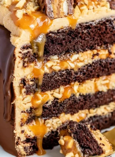 Delicious Chocolate Snickers Cake with layers of chocolate, caramel, and peanuts