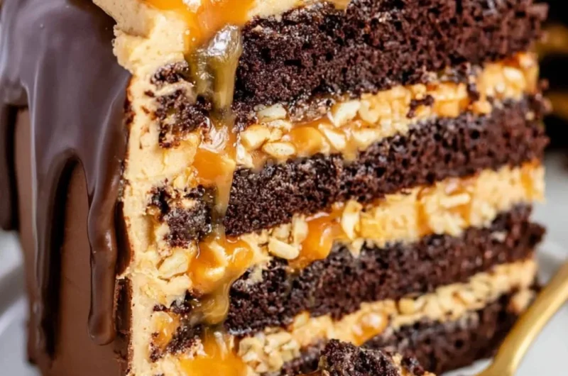 Delicious Chocolate Snickers Cake with layers of chocolate, caramel, and peanuts