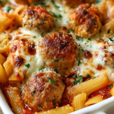 Dump and Bake Meatball Casserole with pasta and marinara sauce