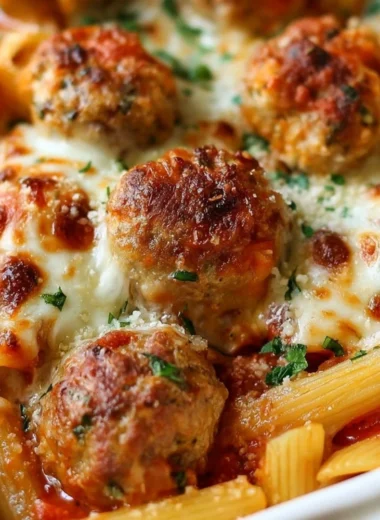 Dump and Bake Meatball Casserole with pasta and marinara sauce