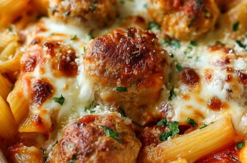 Dump and Bake Meatball Casserole with pasta and marinara sauce