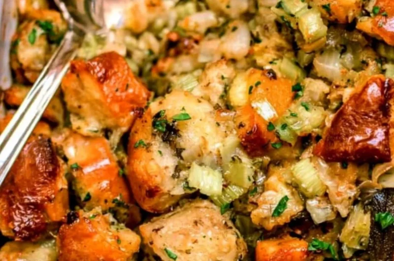 Traditional Thanksgiving stuffing recipe with savory ingredients and herbs.