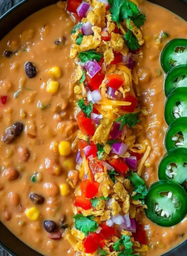 Bowl of Vegetarian Lentil Tortilla Soup garnished with fresh cilantro and lime
