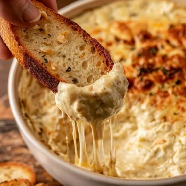 Warm Boursin Dip served with crispy crostini on a wooden board