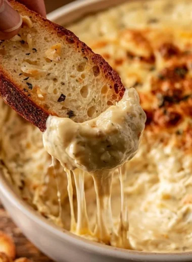 Warm Boursin Dip served with crispy crostini on a wooden board