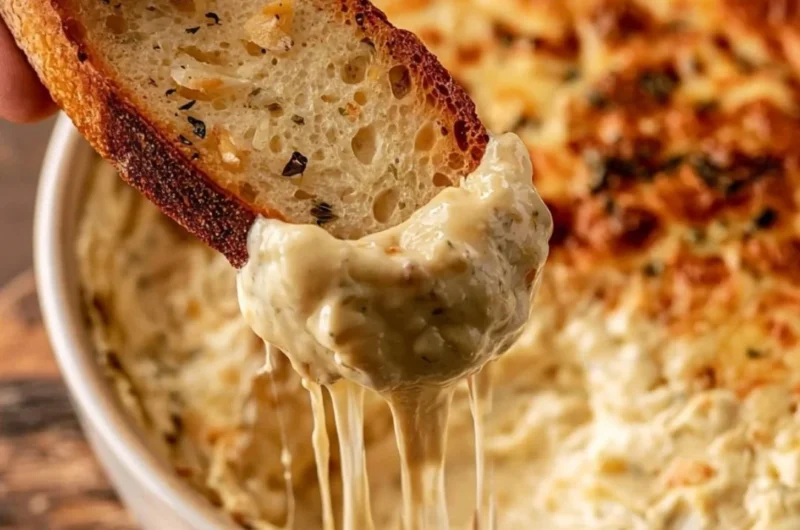 Warm Boursin Dip served with crispy crostini on a wooden board